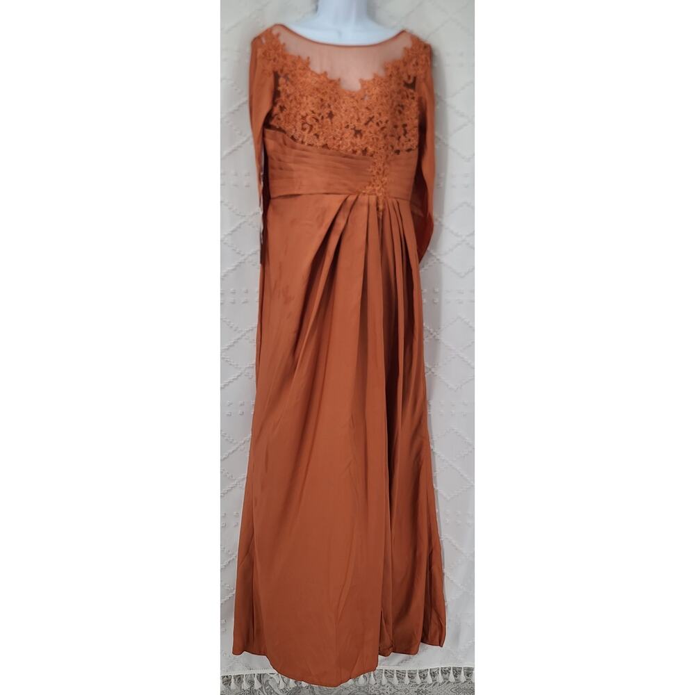 Cape sleeve lace applique pleated waist burnt orange dress Sz 12 formal wedding - Picture 2 of 13